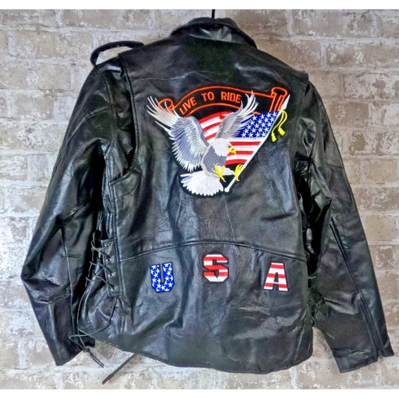 Diamond Plate Buffalo Leather Jacket Mens 2XL Black Eagle USA Patch Motorcycle - Picture 2 of 13